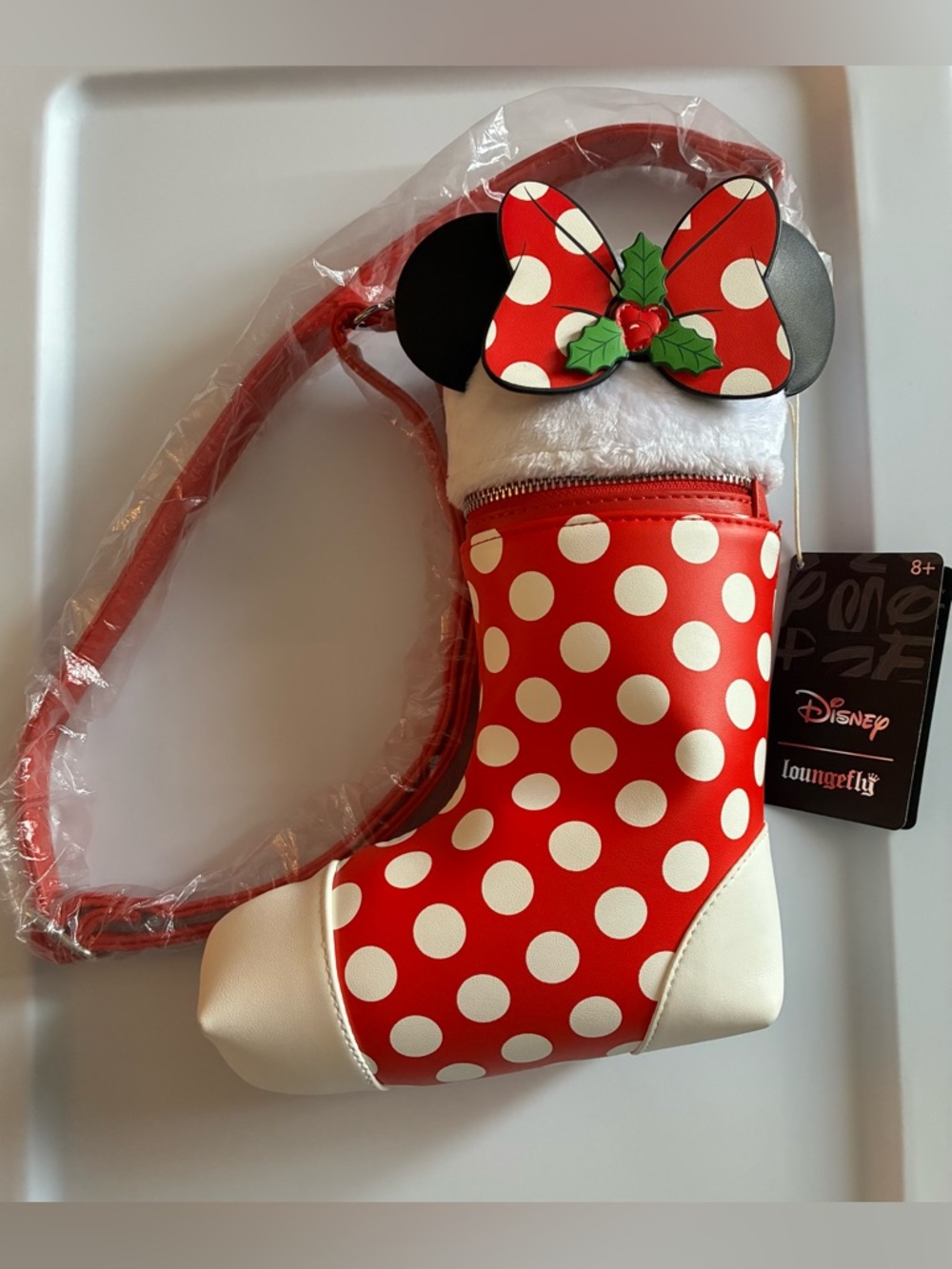 NWT Disney Loungefly Minnie Mouse Holiday Stocking Crossbody purse w/ red  strap